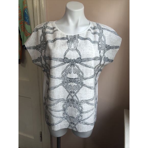 Zara Woman Rope Print Grey Cream Medium Short Sleeve T shirt Unfinished hem - Picture 1 of 6